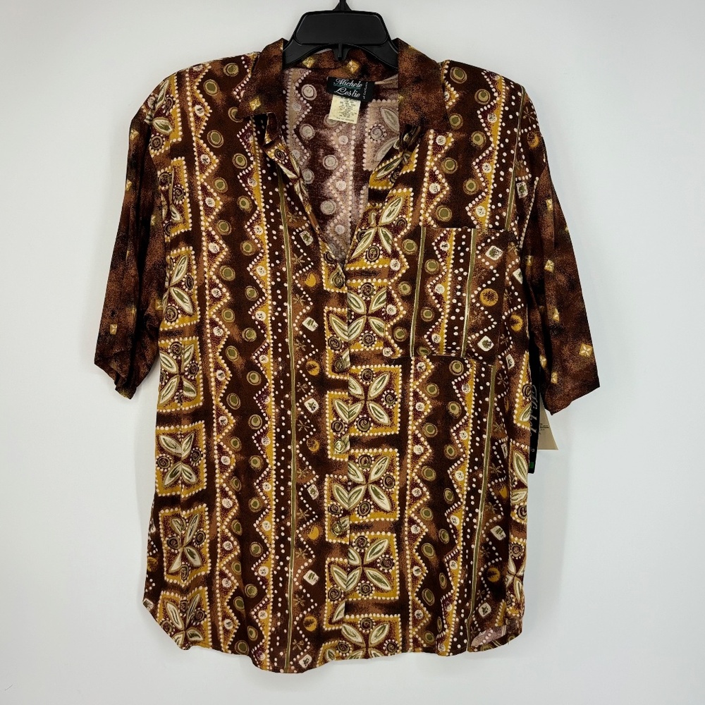 Michele Leslie Womens Large Button Front Shirt Brown Hawaiian Geometric Vintage